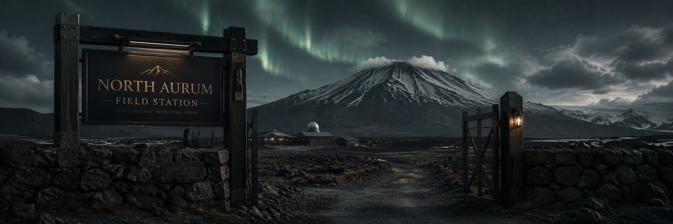 North Aurum Field Station gate under northern lights